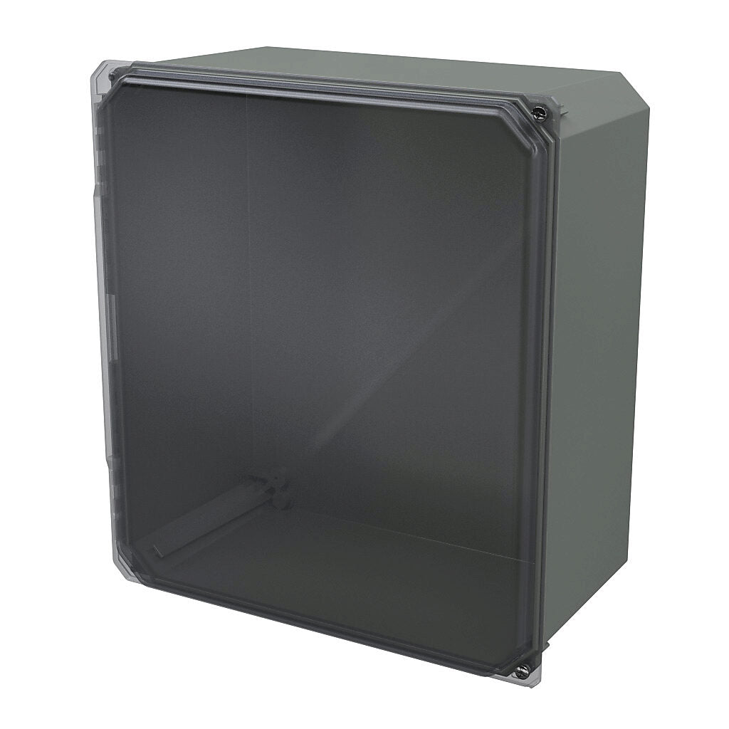 AttaBox Freedom series enclosure, NEMA 1/3/3S/4X/12/13, 16 x 14 x 8in (HxWxD), wall mount, fiberglass reinforced polyester, gray, clear polycarbonate hinged screw cover.-FRCC161408HW