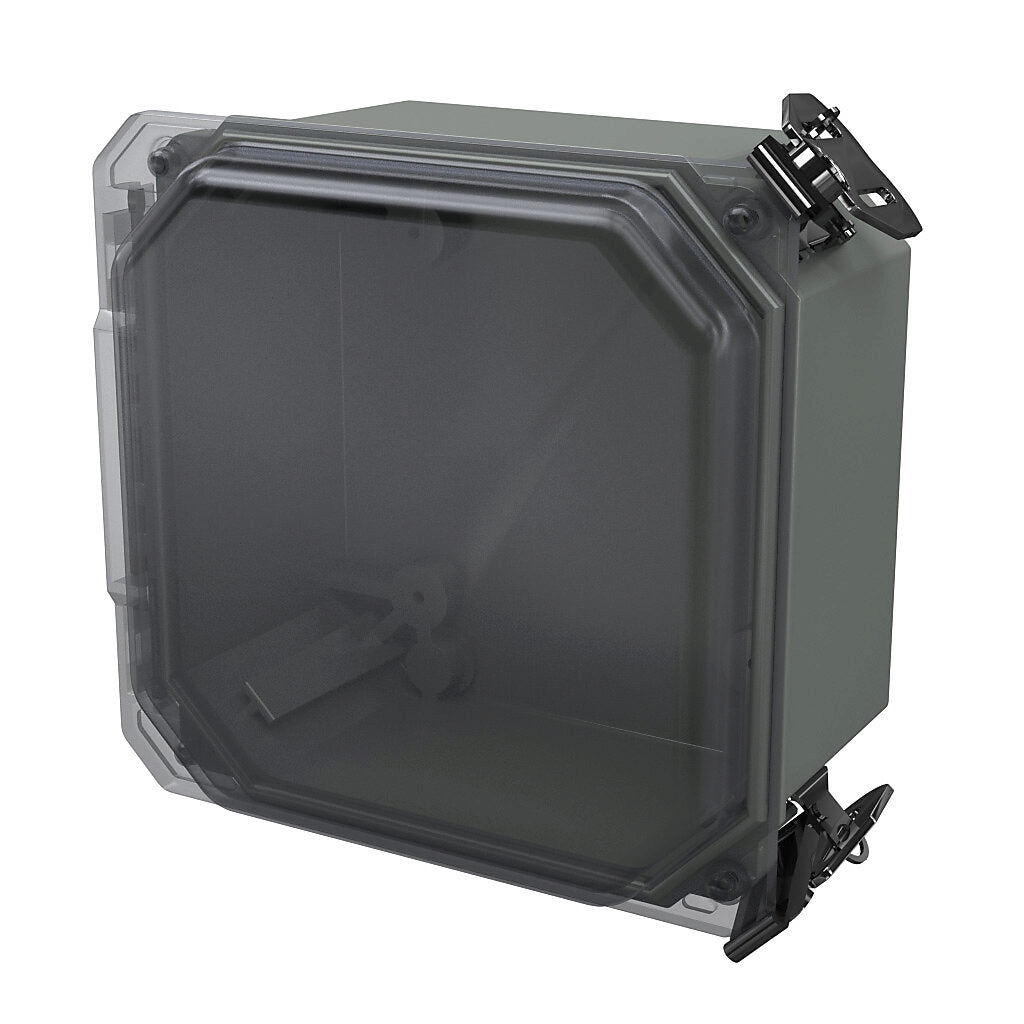 AttaBox Freedom series enclosure, NEMA 1/3/3S/4X/12/13, 6 x 6 x 4in (HxWxD), wall mount, fiberglass reinforced polyester, gray, clear polycarbonate single-door, (2) twist-lock latches, padlock hasp and staple.-FRCC60604HLL