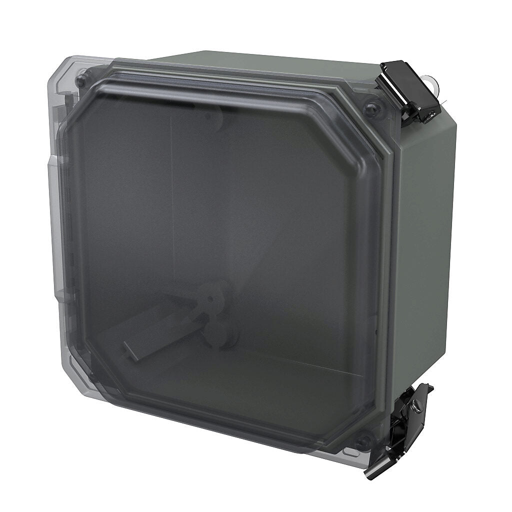 AttaBox Freedom series enclosure, NEMA 1/3/3S/4X/12/13, 6 x 6 x 4in (HxWxD), wall mount, fiberglass reinforced polyester, gray, clear polycarbonate single-door, (2) quick-release latches, padlock hasp and staple.-FRCC60604HPL