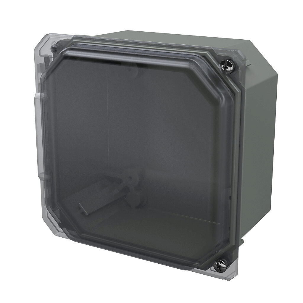 AttaBox Freedom series enclosure, NEMA 1/3/3S/4X/12/13, 6 x 6 x 4in (HxWxD), wall mount, fiberglass reinforced polyester, gray, clear polycarbonate hinged screw cover.-FRCC60604HW