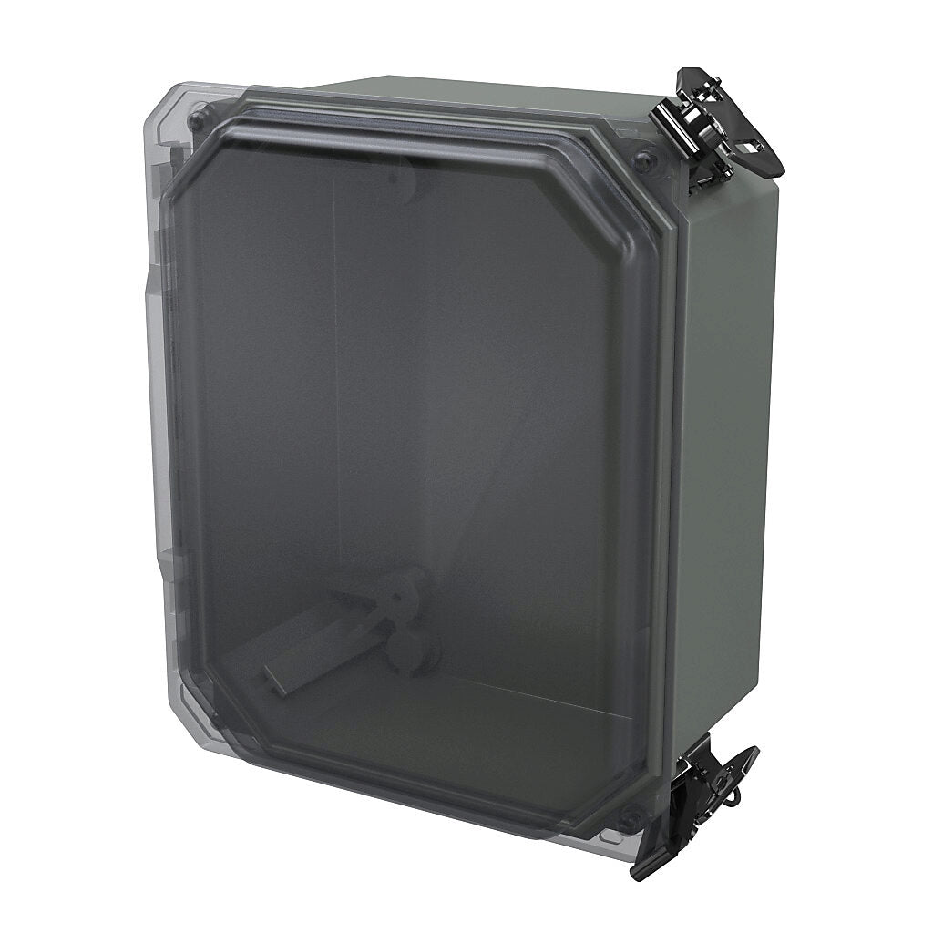 AttaBox Freedom series enclosure, NEMA 1/3/3S/4X/12/13, 8 x 6 x 4in (HxWxD), wall mount, fiberglass reinforced polyester, gray, clear polycarbonate single-door, (2) twist-lock latches, padlock hasp and staple.-FRCC80604HLL