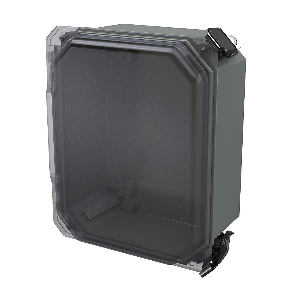 AttaBox Freedom series enclosure, NEMA 1/3/3S/4X/12/13, 8 x 6 x 4in (HxWxD), wall mount, fiberglass reinforced polyester, gray, clear polycarbonate single-door, (2) quick-release latches, padlock hasp and staple.-FRCC80604HPL