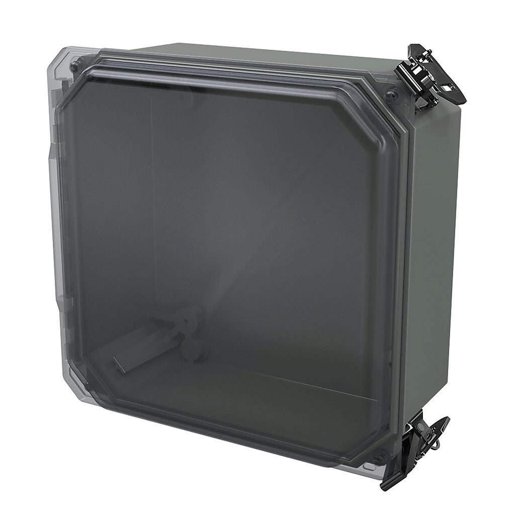 AttaBox Freedom series enclosure, NEMA 1/3/3S/4X/12/13, 8 x 8 x 4in (HxWxD), wall mount, fiberglass reinforced polyester, gray, clear polycarbonate single-door, (2) twist-lock latches, padlock hasp and staple.-FRCC80804HLL