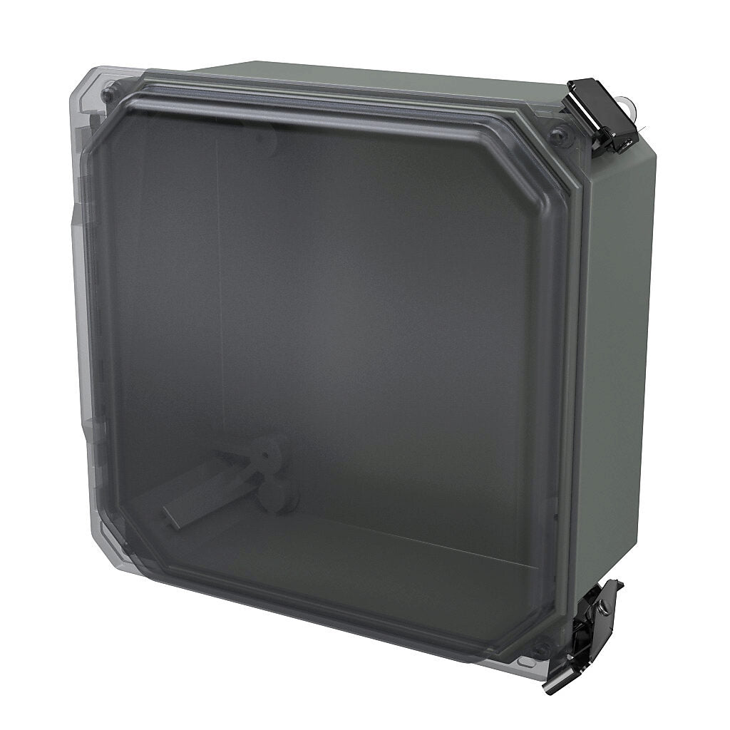 AttaBox Freedom series enclosure, NEMA 1/3/3S/4X/12/13, 8 x 8 x 4in (HxWxD), wall mount, fiberglass reinforced polyester, gray, clear polycarbonate single-door, (2) quick-release latches, padlock hasp and staple.-FRCC80804HPL