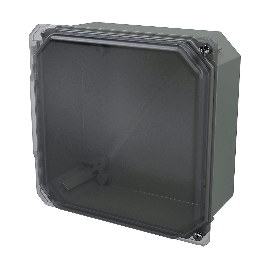 AttaBox Freedom series enclosure, NEMA 1/3/3S/4X/12/13, 8 x 8 x 4in (HxWxD), wall mount, fiberglass reinforced polyester, gray, clear polycarbonate hinged screw cover.-FRCC80804HW