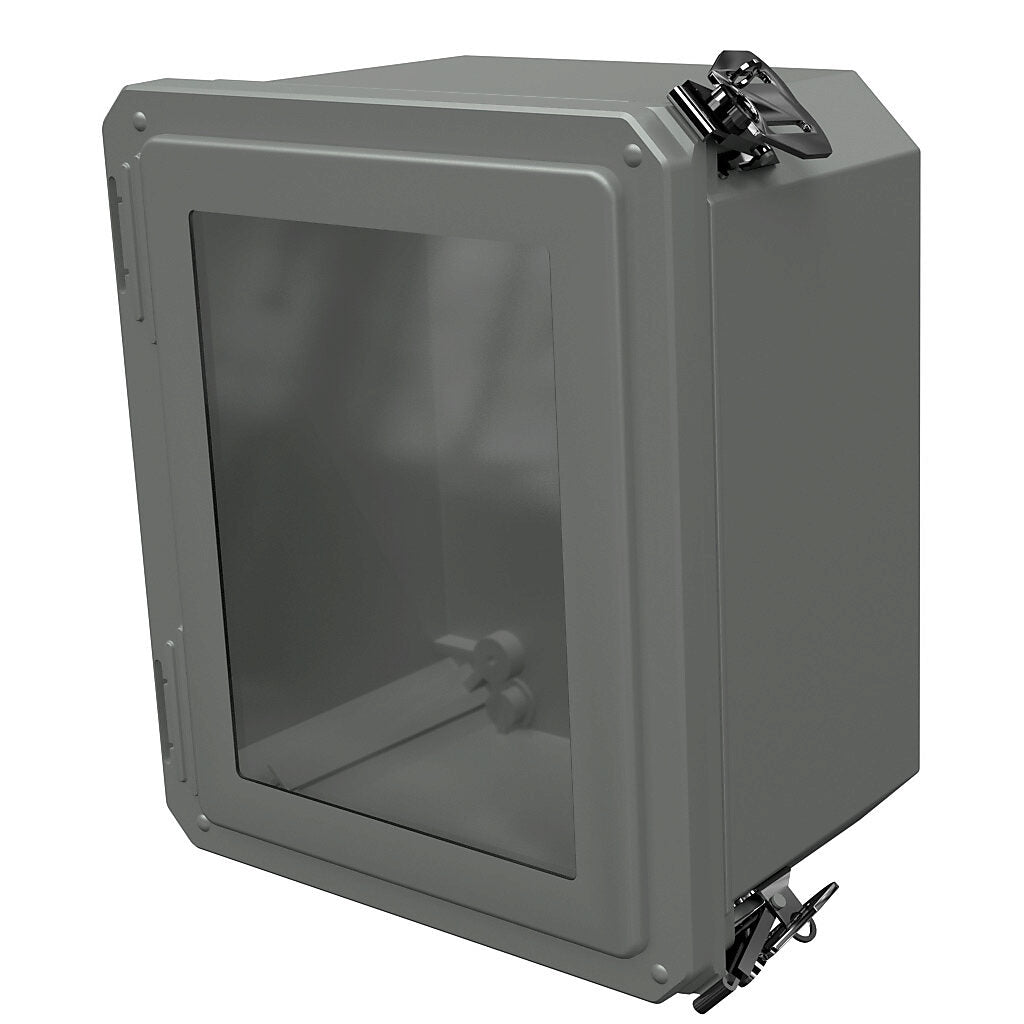 AttaBox Freedom series enclosure, NEMA 1/3/3S/4X/12/13, 10 x 8 x 6in (HxWxD), wall mount, fiberglass reinforced polyester, gray, crowned single-door, (2) twist-lock latches, padlock hasp and staple, SAR acrylic window.-FRW100806HLL