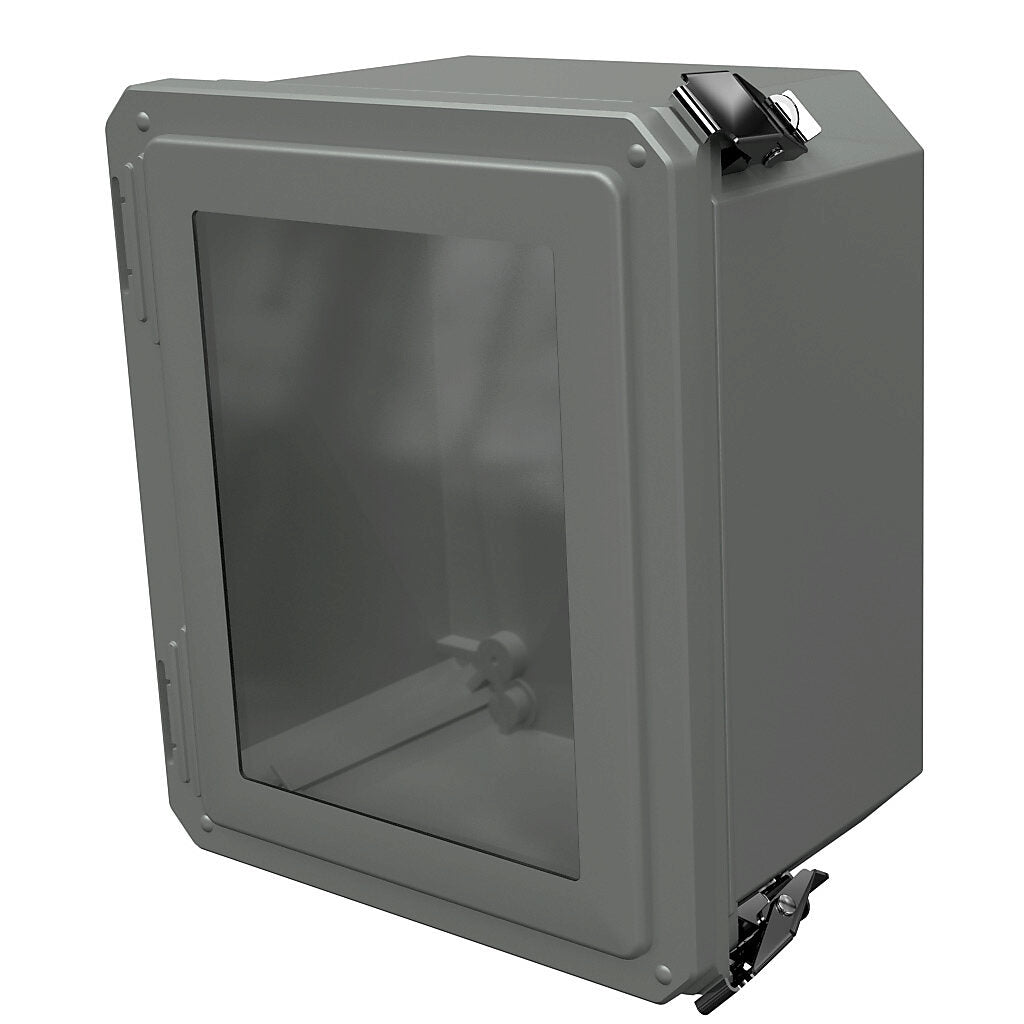 AttaBox Freedom series enclosure, NEMA 1/3/3S/4X/12/13, 10 x 8 x 6in (HxWxD), wall mount, fiberglass reinforced polyester, gray, crowned single-door, (2) quick-release latches, padlock hasp and staple, SAR acrylic window.-FRW100806HPL