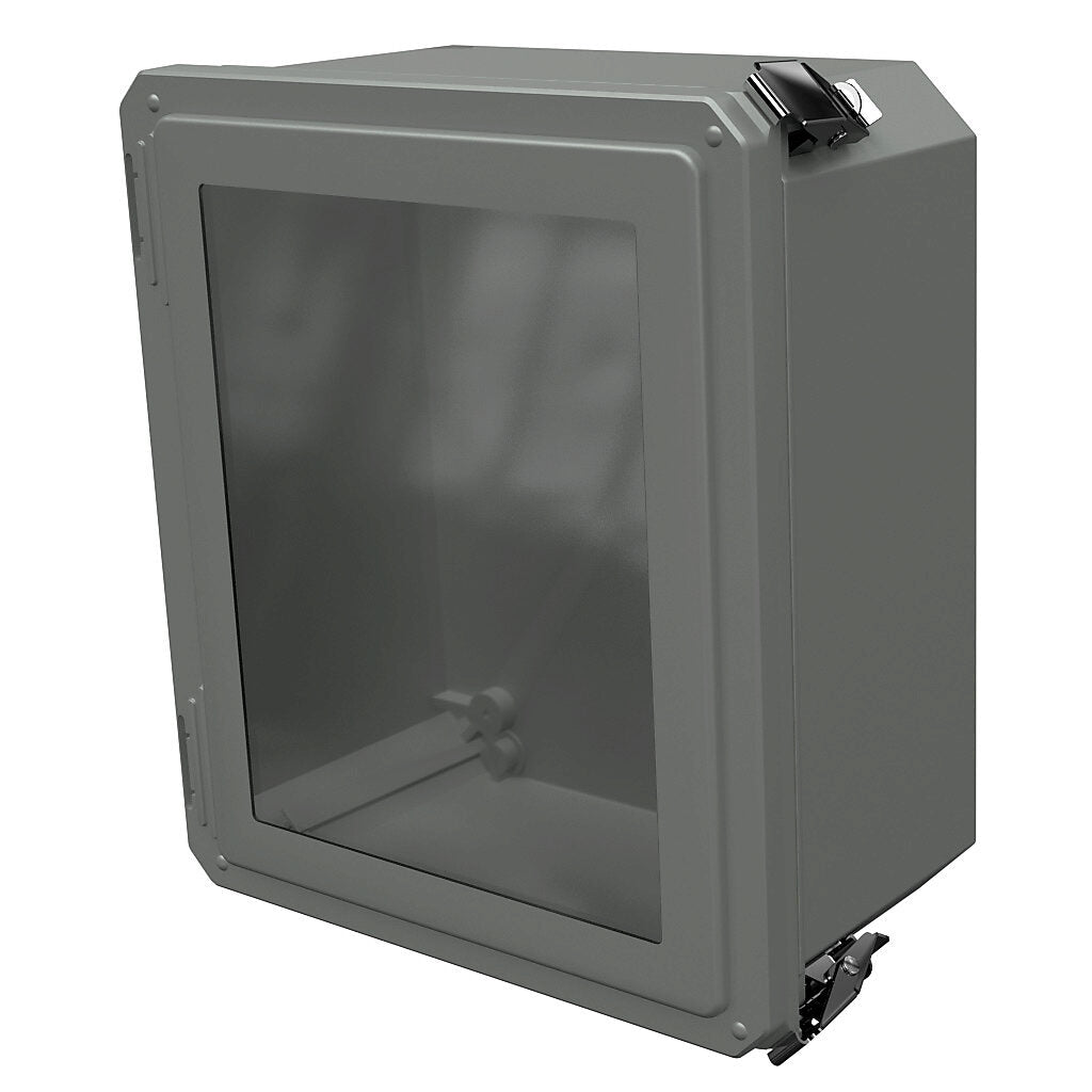 AttaBox Freedom series enclosure, NEMA 1/3/3S/4X/12/13, 12 x 10 x 6in (HxWxD), wall mount, fiberglass reinforced polyester, gray, crowned single-door, (2) quick-release latches, padlock hasp and staple, SAR acrylic window.-FRW121006HPL