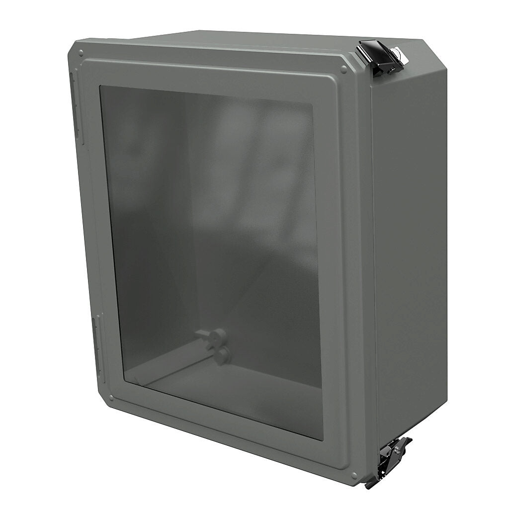 AttaBox Freedom series enclosure, NEMA 1/3/3S/4X/12/13, 14 x 12 x 6in (HxWxD), wall mount, fiberglass reinforced polyester, gray, crowned single-door, (2) quick-release latches, padlock hasp and staple, SAR acrylic window.-FRW141206HPL