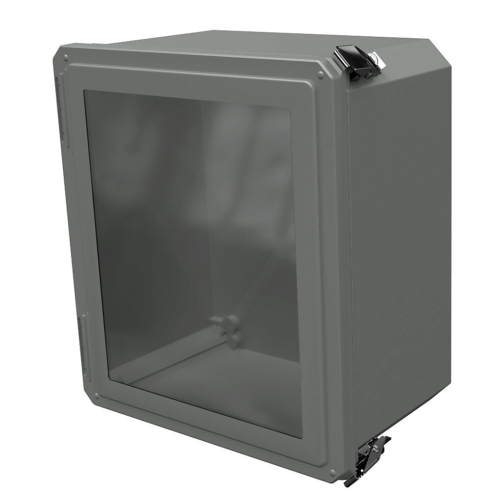 AttaBox Freedom series enclosure, NEMA 1/3/3S/4X/12/13, 14 x 12 x 8in (HxWxD), wall mount, fiberglass reinforced polyester, gray, crowned single-door, (2) quick-release latches, padlock hasp and staple, SAR acrylic window.-FRW141208HPL