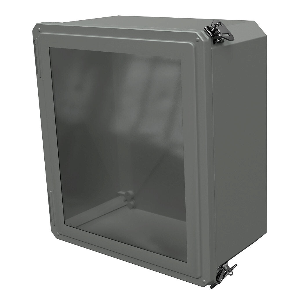 AttaBox Freedom series enclosure, NEMA 1/3/3S/4X/12/13, 16 x 14 x 8in (HxWxD), wall mount, fiberglass reinforced polyester, gray, crowned single-door, (2) twist-lock latches, padlock hasp and staple, SAR acrylic window.-FRW161408HLL