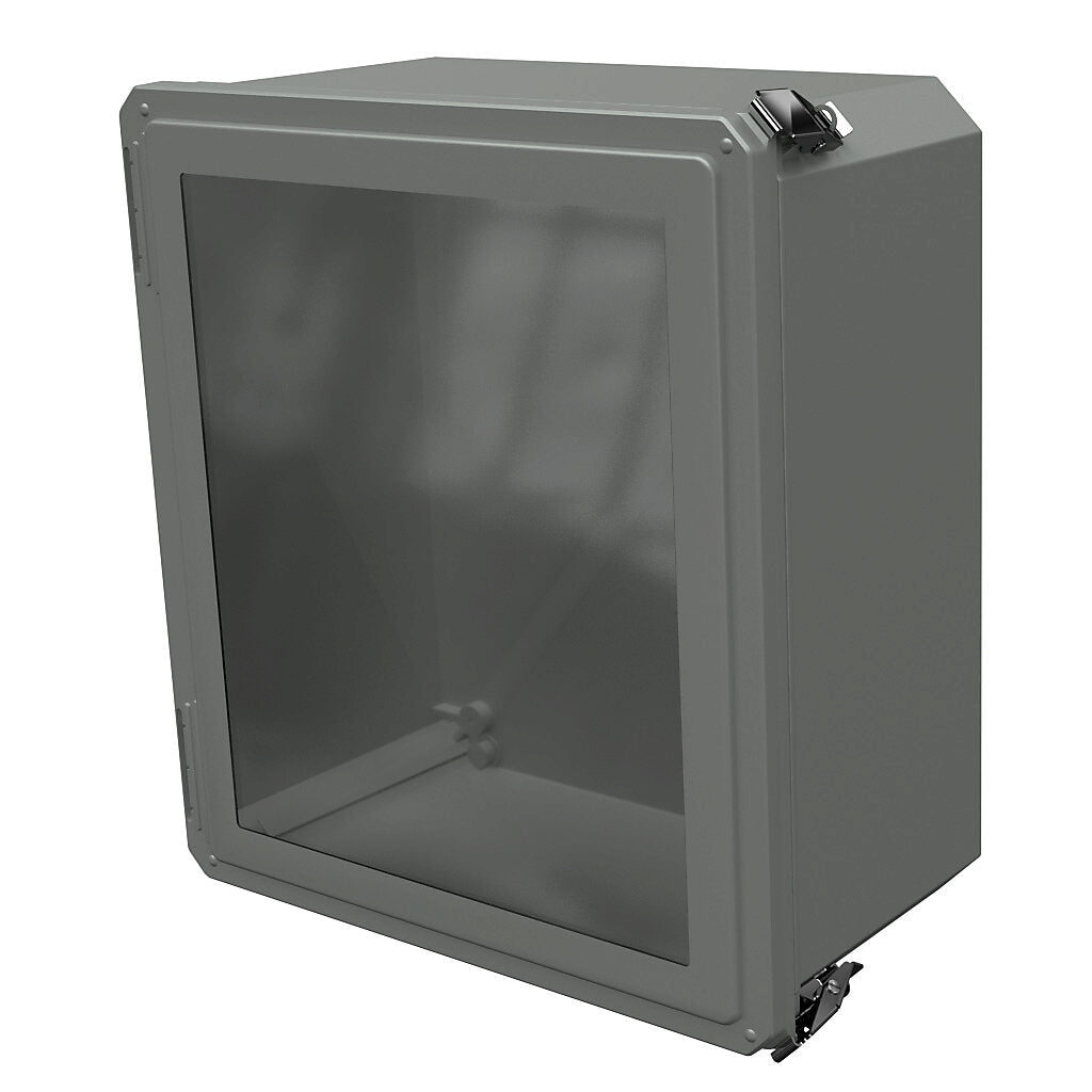 AttaBox Freedom series enclosure, NEMA 1/3/3S/4X/12/13, 16 x 14 x 8in (HxWxD), wall mount, fiberglass reinforced polyester, gray, crowned single-door, (2) quick-release latches, padlock hasp and staple, SAR acrylic window.-FRW161408HPL