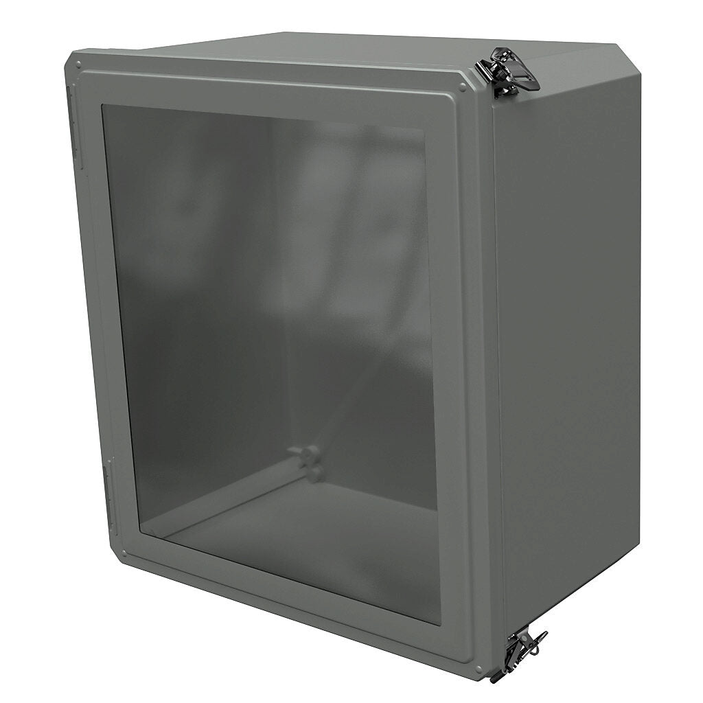 AttaBox Freedom series enclosure, NEMA 1/3/3S/4X/12/13, 18 x 16 x 10in (HxWxD), wall mount, fiberglass reinforced polyester, gray, crowned single-door, (2) twist-lock latches, padlock hasp and staple, SAR acrylic window.-FRW181610HLL