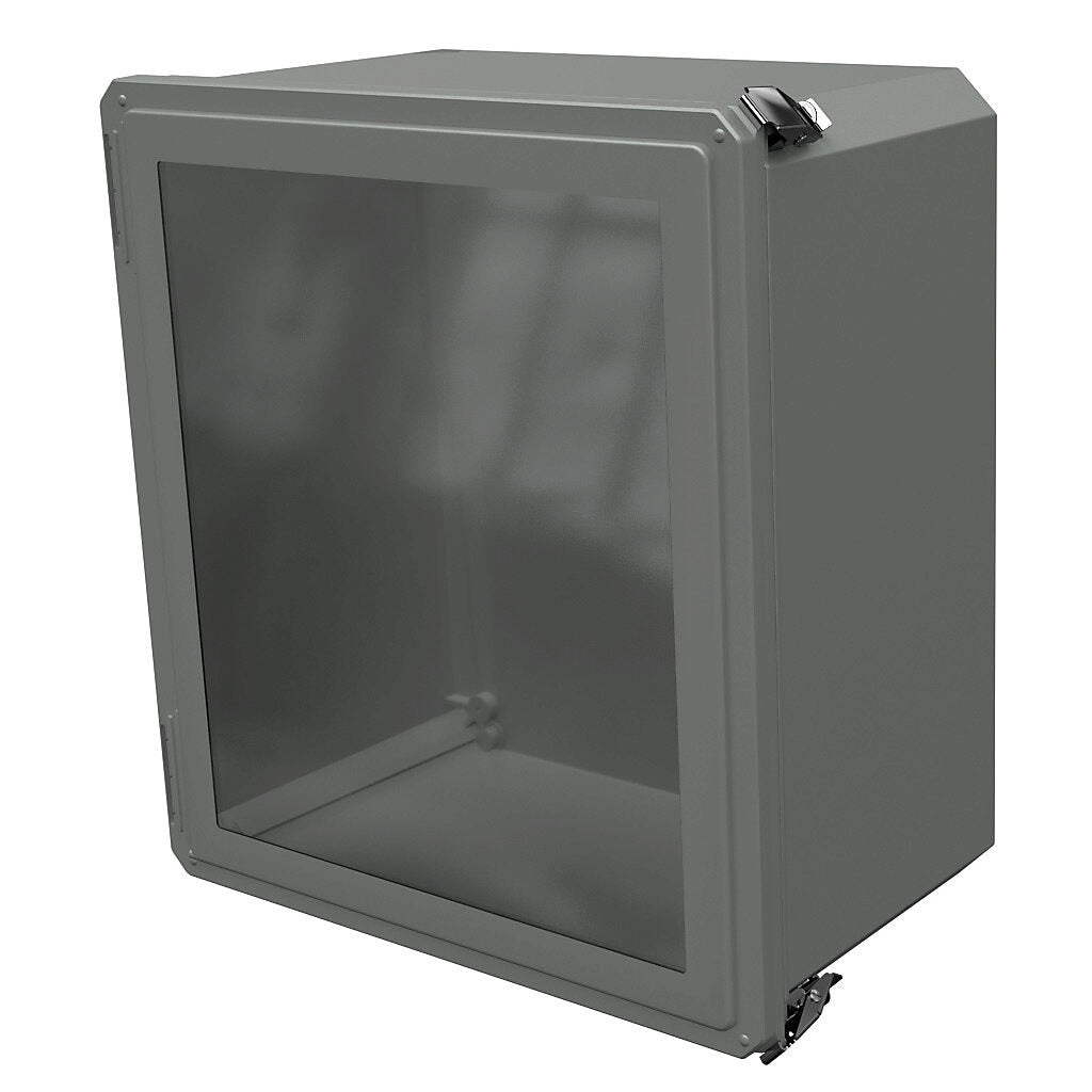 AttaBox Freedom series enclosure, NEMA 1/3/3S/4X/12/13, 18 x 16 x 10in (HxWxD), wall mount, fiberglass reinforced polyester, gray, crowned single-door, (2) quick-release latches, padlock hasp and staple, SAR acrylic window.-FRW181610HPL