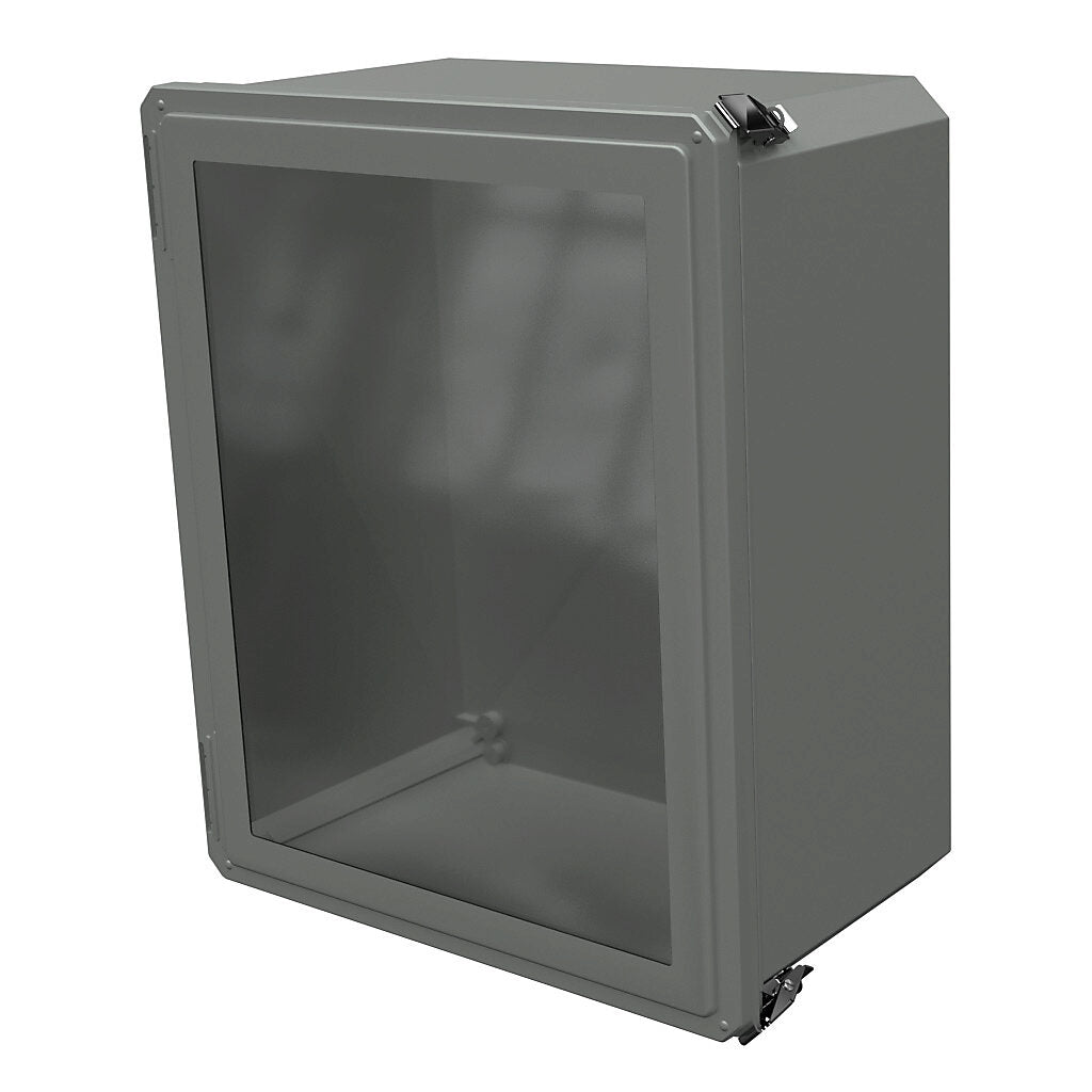 AttaBox Freedom series enclosure, NEMA 1/3/3S/4X/12/13, 20 x 16 x 10in (HxWxD), wall mount, fiberglass reinforced polyester, gray, crowned single-door, (2) quick-release latches, padlock hasp and staple, SAR acrylic window.-FRW201610HPL