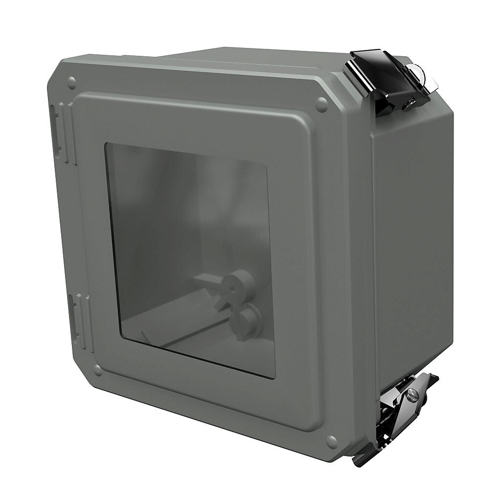 AttaBox Freedom series enclosure, NEMA 1/3/3S/4X/12/13, 6 x 6 x 4in (HxWxD), wall mount, fiberglass reinforced polyester, gray, crowned single-door, (2) quick-release latches, padlock hasp and staple, SAR acrylic window.-FRW60604HPL