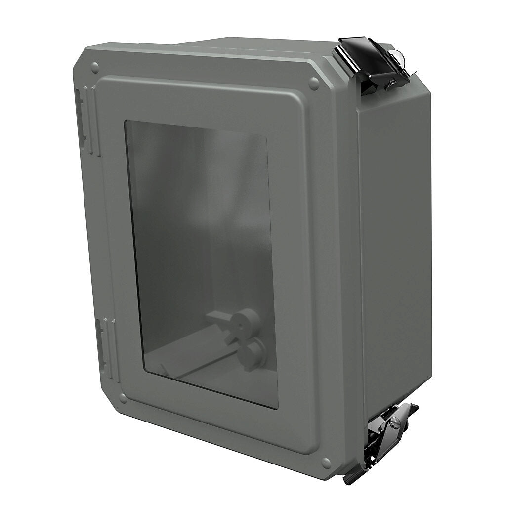AttaBox Freedom series enclosure, NEMA 1/3/3S/4X/12/13, 8 x 6 x 4in (HxWxD), wall mount, fiberglass reinforced polyester, gray, crowned single-door, (2) quick-release latches, padlock hasp and staple, SAR acrylic window.-FRW80604HPL