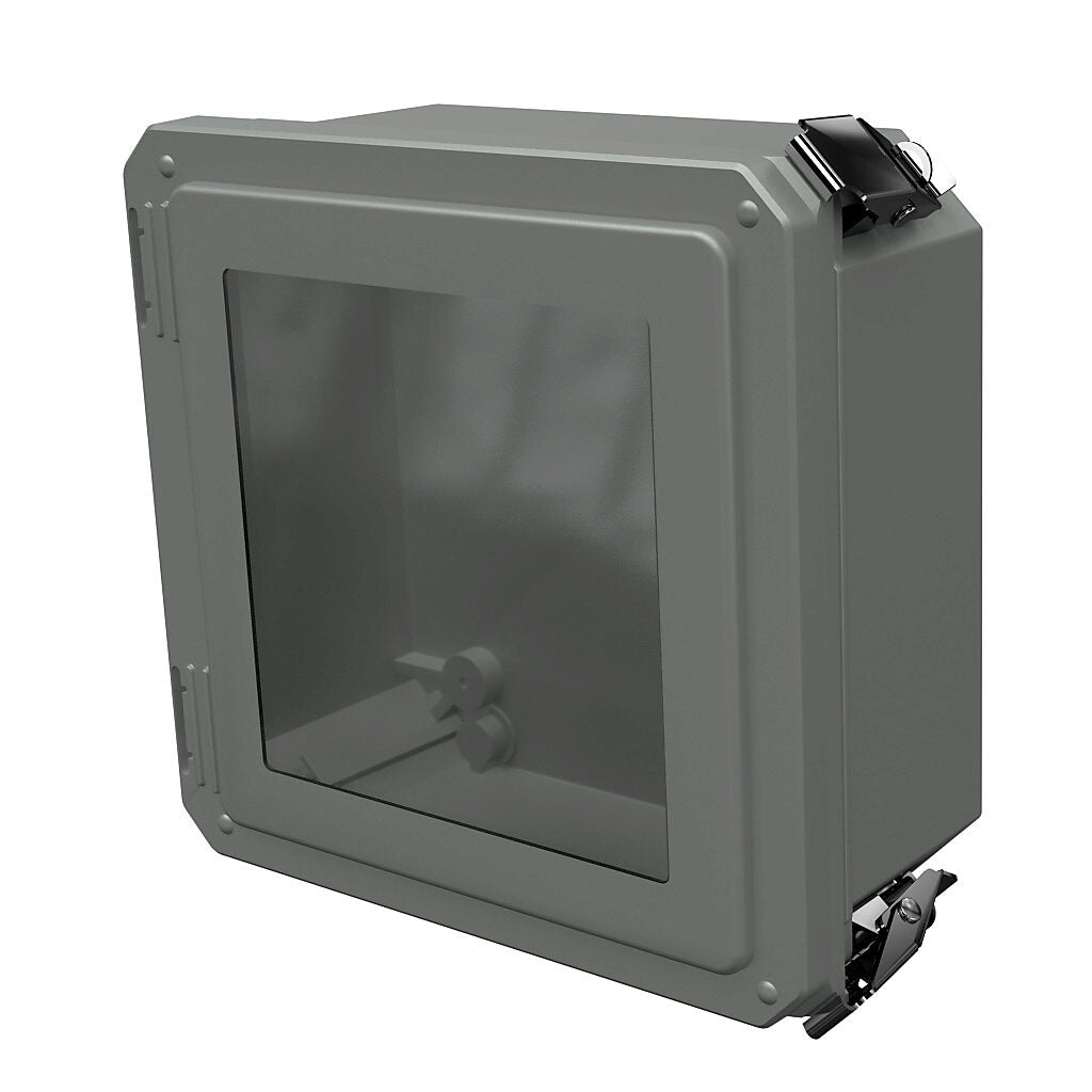 AttaBox Freedom series enclosure, NEMA 1/3/3S/4X/12/13, 8 x 8 x 4in (HxWxD), wall mount, fiberglass reinforced polyester, gray, crowned single-door, (2) quick-release latches, padlock hasp and staple, SAR acrylic window.-FRW80804HPL