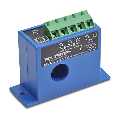 AcuAMP ground fault sensor, fixed core, 5, 10, or 30 mA selectable trip point, relay, SPDT normally de-energized, automatic reset output, 120 VAC operating voltage.-GFS30-D1C-120A-F