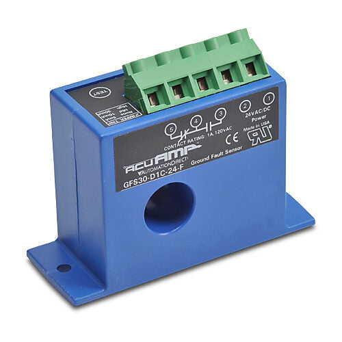 AcuAMP ground fault sensor, fixed core, 5, 10, or 30 mA selectable trip point, relay, SPDT normally de-energized, automatic reset output, 24 VAC/VDC operating voltage.-GFS30-D1C-24-F