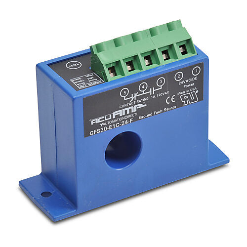 AcuAMP ground fault sensor, fixed core, 5, 10, or 30 mA selectable trip point, relay, SPDT normally energized, automatic reset output, 24 VAC/VDC operating voltage.-GFS30-E1C-24-F