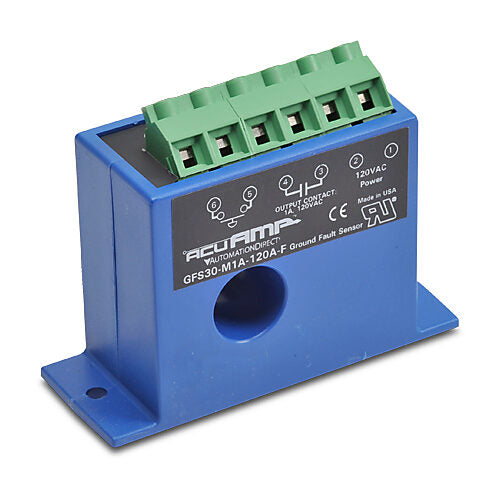 AcuAMP ground fault sensor, fixed core, 5, 10, or 30 mA selectable trip point, relay, SPST-N.O., manual reset output, 120 VAC operating voltage.-GFS30-M1A-120A-F