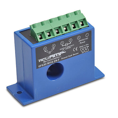 AcuAMP ground fault sensor, fixed core, 5, 10, or 30 mA selectable trip point, relay, SPST-N.O., manual reset output, 24 VAC/VDC operating voltage.-GFS30-M1A-24-F