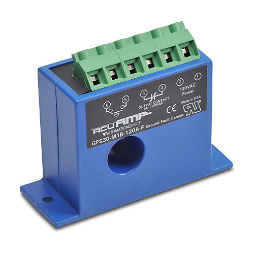 AcuAMP ground fault sensor, fixed core, 5, 10, or 30 mA selectable trip point, relay, SPST-N.C., manual reset output, 120 VAC operating voltage.-GFS30-M1B-120A-F