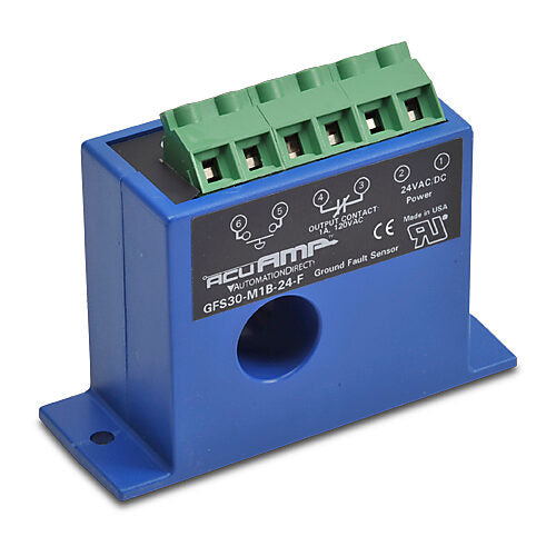 AcuAMP ground fault sensor, fixed core, 5, 10, or 30 mA selectable trip point, relay, SPST-N.C., manual reset output, 24 VAC/VDC operating voltage.-GFS30-M1B-24-F