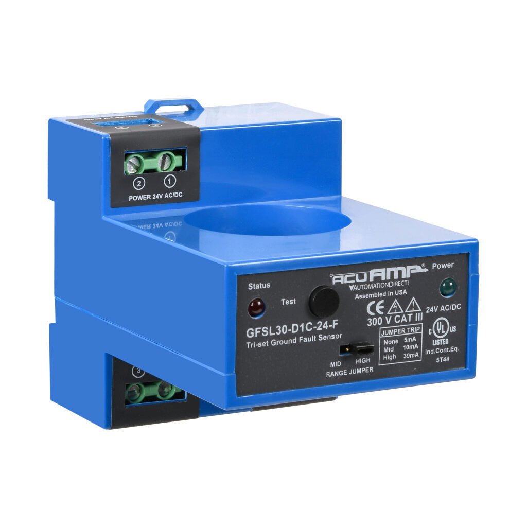 AcuAMP ground fault sensor, large aperture fixed core, 5, 10, or 30 mA selectable trip point, relay, SPDT normally de-energized, automatic reset output, 24 VAC/VDC operating voltage.-GFSL30-D1C-24-F