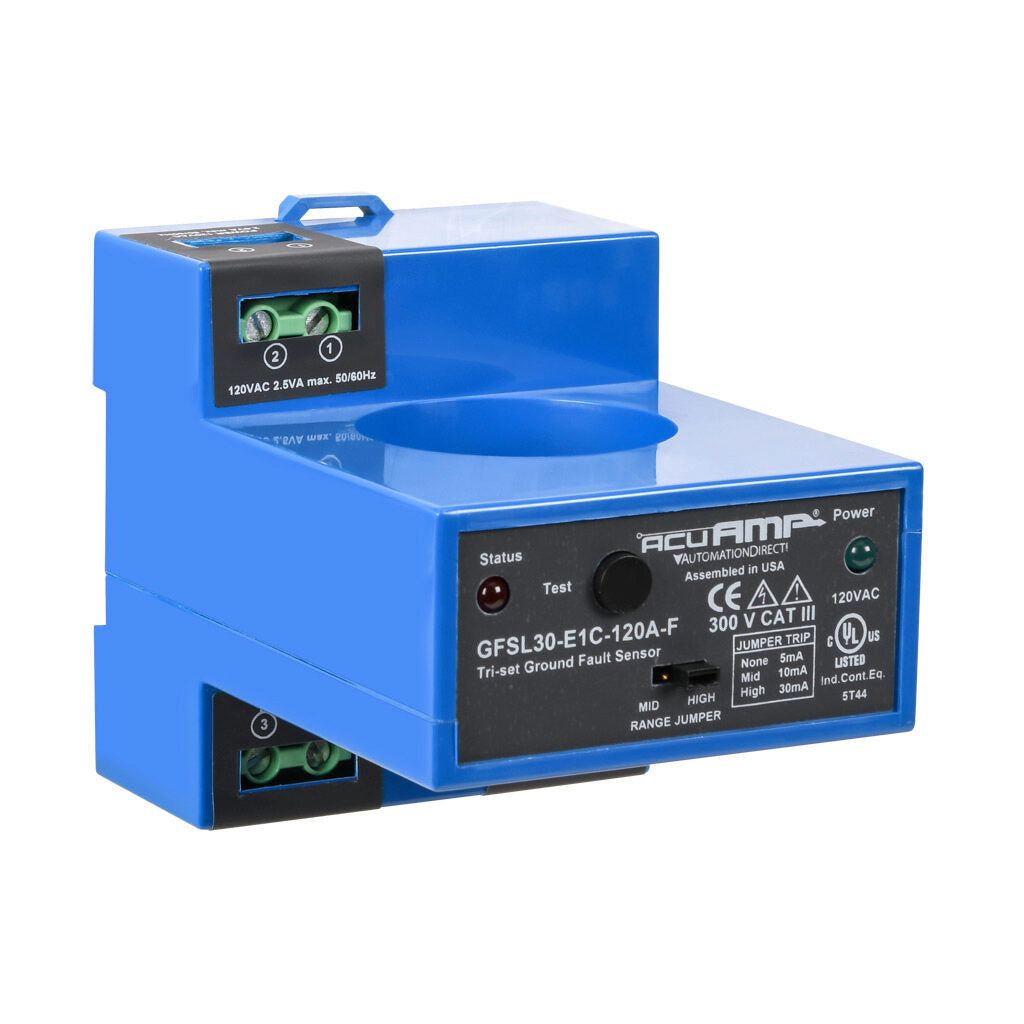 AcuAMP ground fault sensor, large aperture fixed core, 5, 10, or 30 mA selectable trip point, relay, SPDT normally energized, automatic reset output, 120 VAC operating voltage.-GFSL30-E1C-120A-F