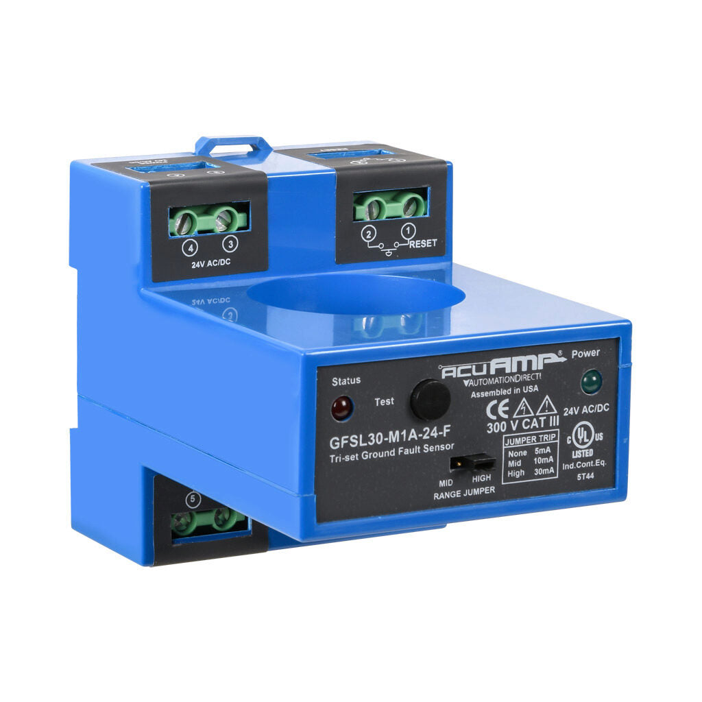 AcuAMP ground fault sensor, large aperture fixed core, 5, 10, or 30 mA selectable trip point, relay, SPST-N.O., manual reset output, 24 VAC/VDC operating voltage.-GFSL30-M1A-24-F