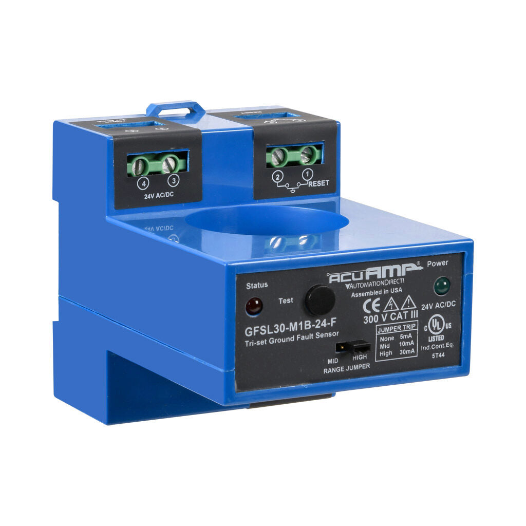 AcuAMP ground fault sensor, large aperture fixed core, 5, 10, or 30 mA selectable trip point, relay, SPST-N.C., manual reset output, 24 VAC/VDC operating voltage.-GFSL30-M1B-24-F