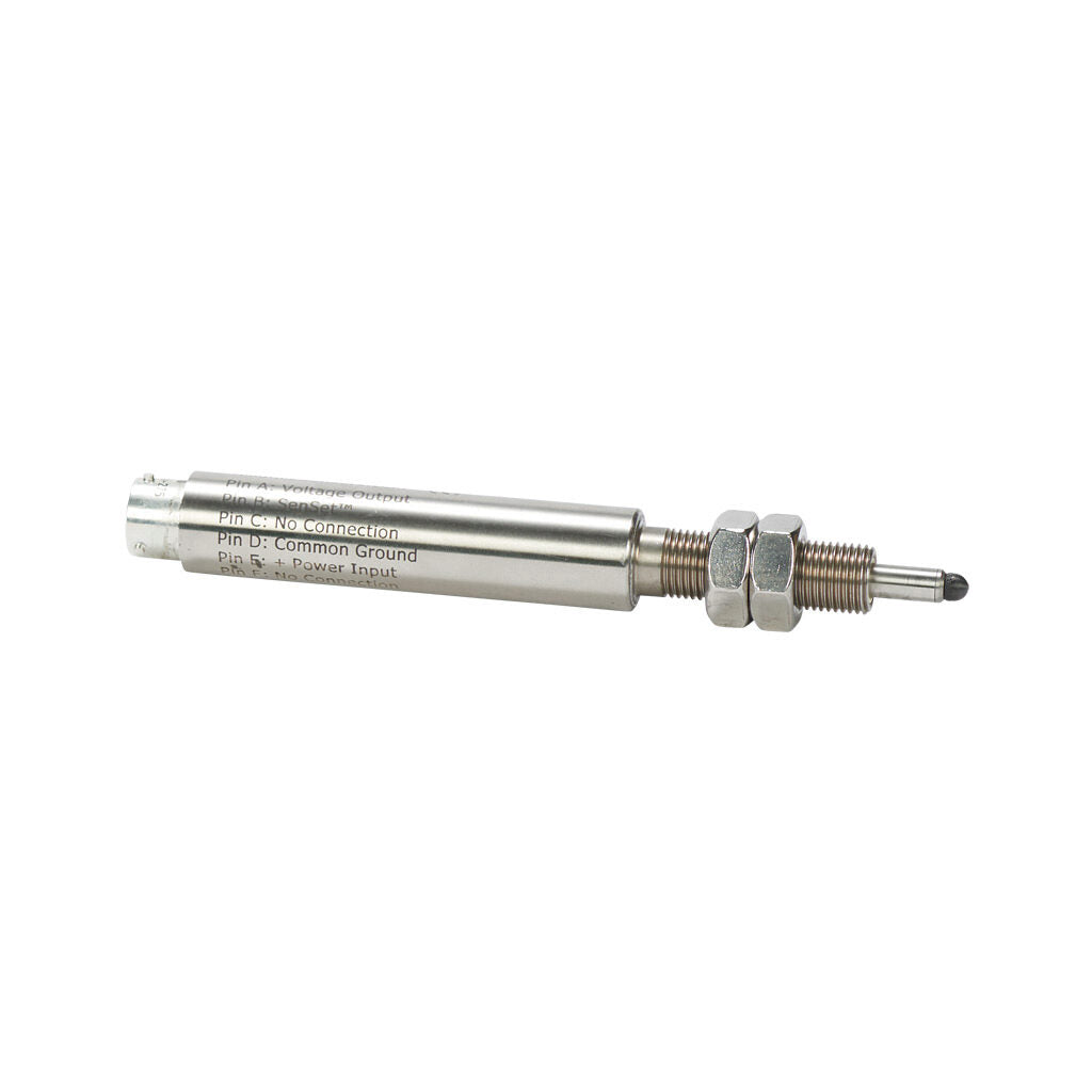 Alliance Sensors inductive linear position sensor, spring loaded slide, 6.4mm stroke, 0-10 VDC output, 19mm diameter x 82.6mm body, 1/2-20 UNF mount, 6-pin PT0.-GHSE19-006A-02-10S