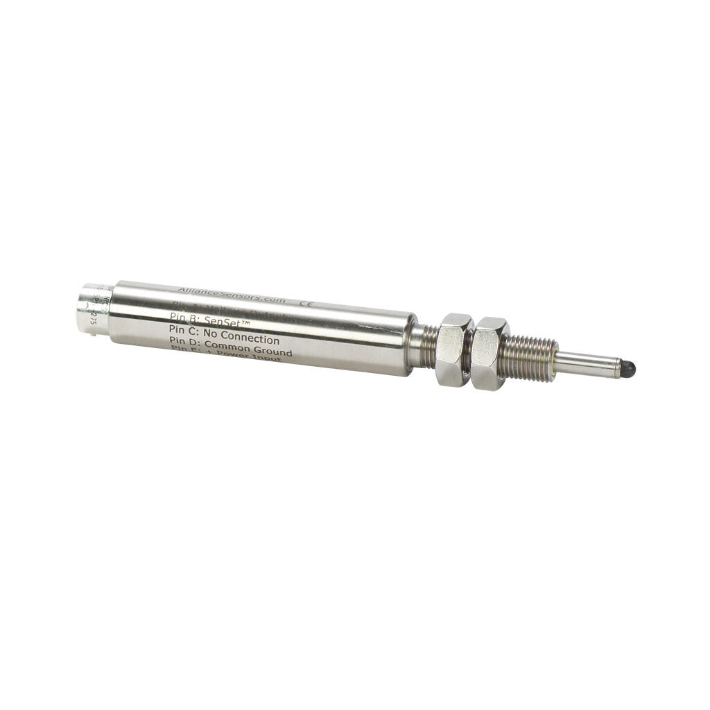 Alliance Sensors inductive linear position sensor, spring loaded slide, 13mm stroke, 0-10 VDC output, 19mm diameter x 88.9mm body, 1/2-20 UNF mount, 6-pin PT0.-GHSE19-013A-02-10S