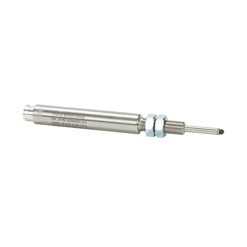 Alliance Sensors inductive linear position sensor, spring loaded slide, 25mm stroke, 0-10 VDC output, 19mm diameter x 101.6mm body, 1/2-20 UNF mount, 6-pin PT0.-GHSE19-025A-02-10S