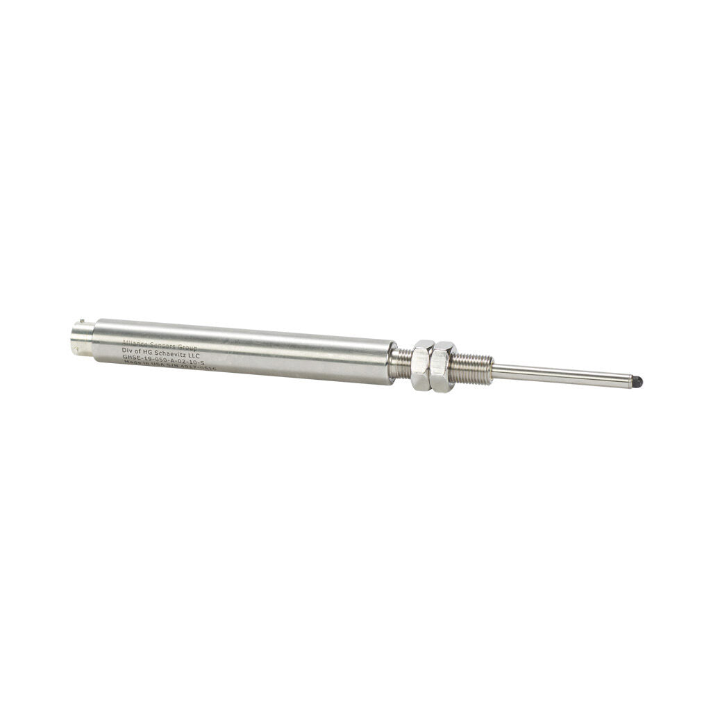 Alliance Sensors inductive linear position sensor, spring loaded slide, 50mm stroke, 0-10 VDC output, 19mm diameter x 129.0mm body, 1/2-20 UNF mount, 6-pin PT0.-GHSE19-050A-02-10S