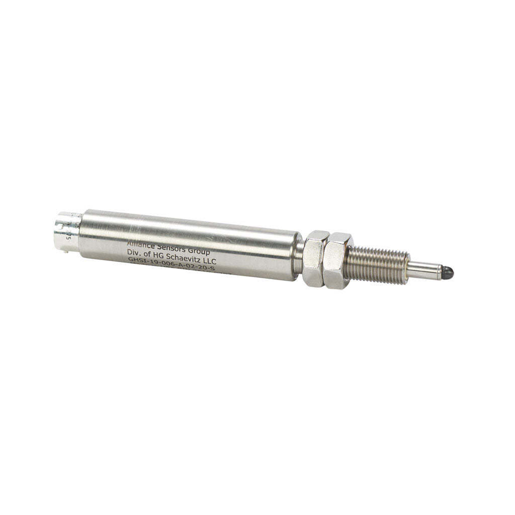 Alliance Sensors inductive linear position sensor, spring loaded slide, 6.4mm stroke, 4-20 mA output, 19mm diameter x 82.6mm body, 1/2-20 UNF mount, 6-pin PT0.-GHSI19-006A-02-20S