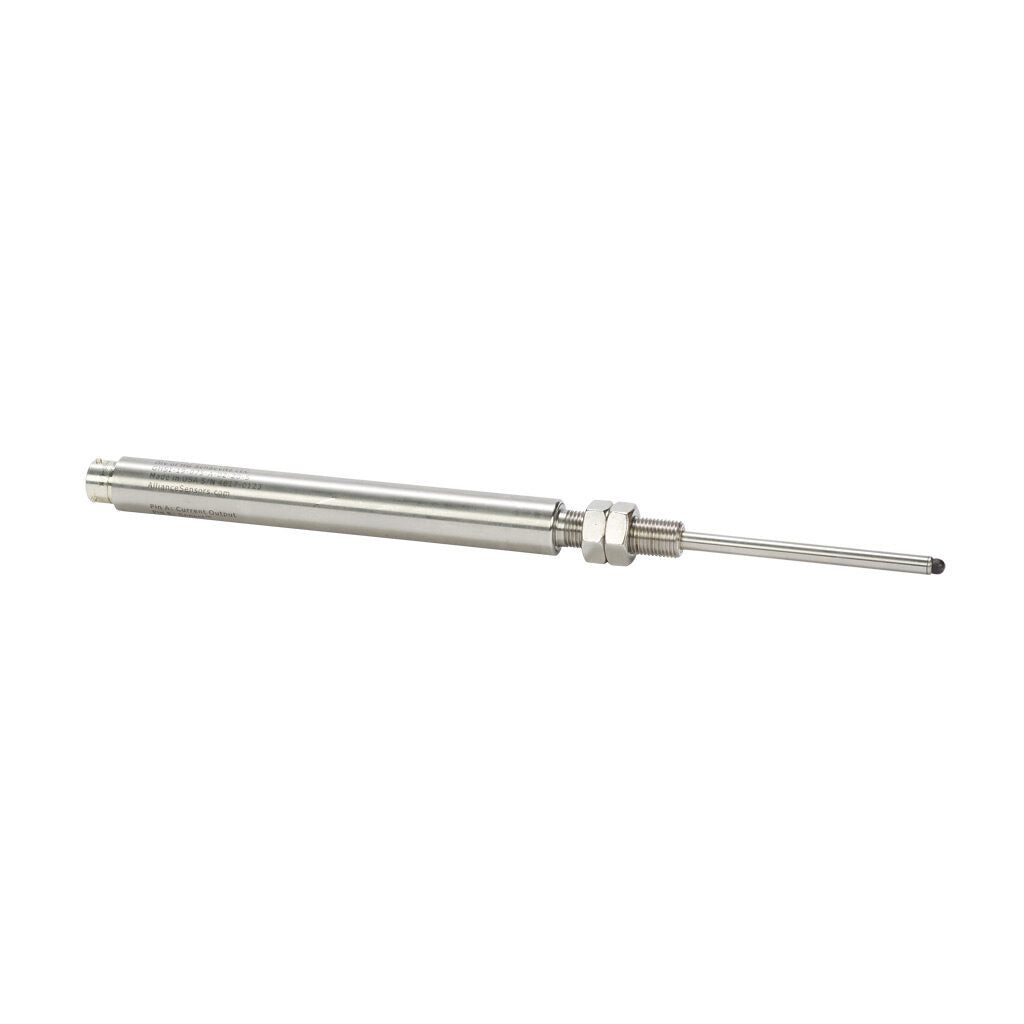 Alliance Sensors inductive linear position sensor, spring loaded slide, 75mm stroke, 4-20 mA output, 19mm diameter x 166.5mm body, 1/2-20 UNF mount, 6-pin PT0.-GHSI19-075A-02-20S