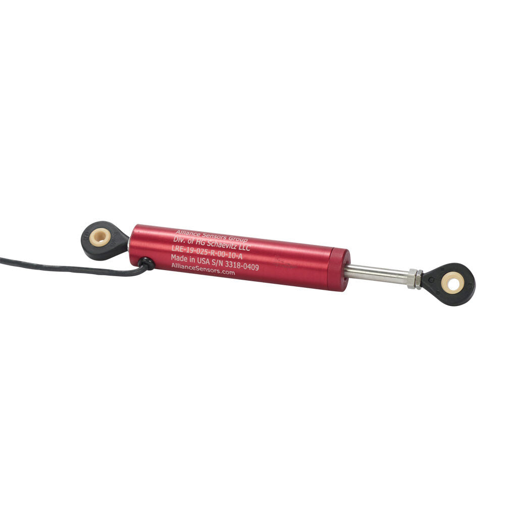 Alliance Sensors inductive linear position sensor, pivoting slide, 25mm stroke, 0-10 VDC output, 19mm diameter x 90.5mm body, rod eyes mount, pigtail, 3.2ft/1m cable length.-LRE19-025R-00-10A