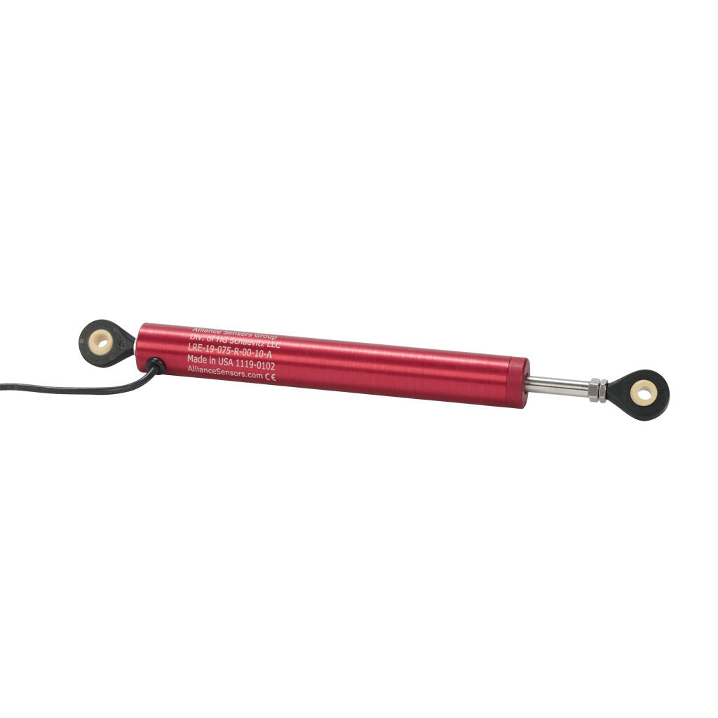 Alliance Sensors inductive linear position sensor, pivoting slide, 75mm stroke, 0-10 VDC output, 19mm diameter x 145.8mm body, rod eyes mount, pigtail, 3.2ft/1m cable length.-LRE19-075R-00-10A