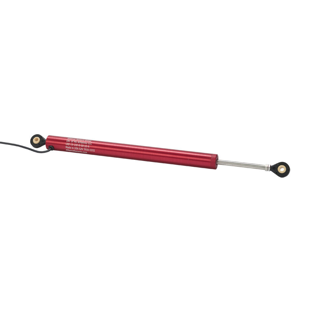 Alliance Sensors inductive linear position sensor, pivoting slide, 150mm stroke, 0-10 VDC output, 19mm diameter x 222.0mm body, rod eyes mount, pigtail, 3.2ft/1m cable length.-LRE19-150R-00-10A