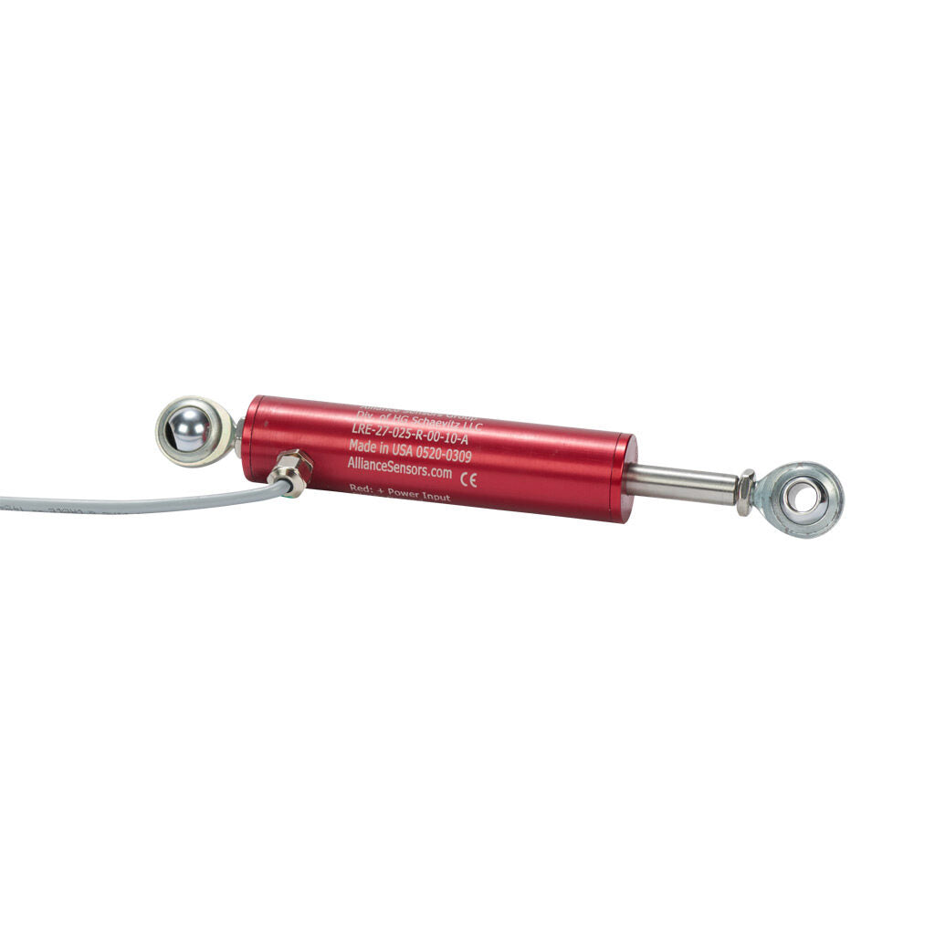 Alliance Sensors inductive linear position sensor, pivoting slide, 25mm stroke, 0-10 VDC output, 27mm diameter x 114.3mm body, rod eyes mount, pigtail, 3.2ft/1m cable length.-LRE27-025R-00-10A