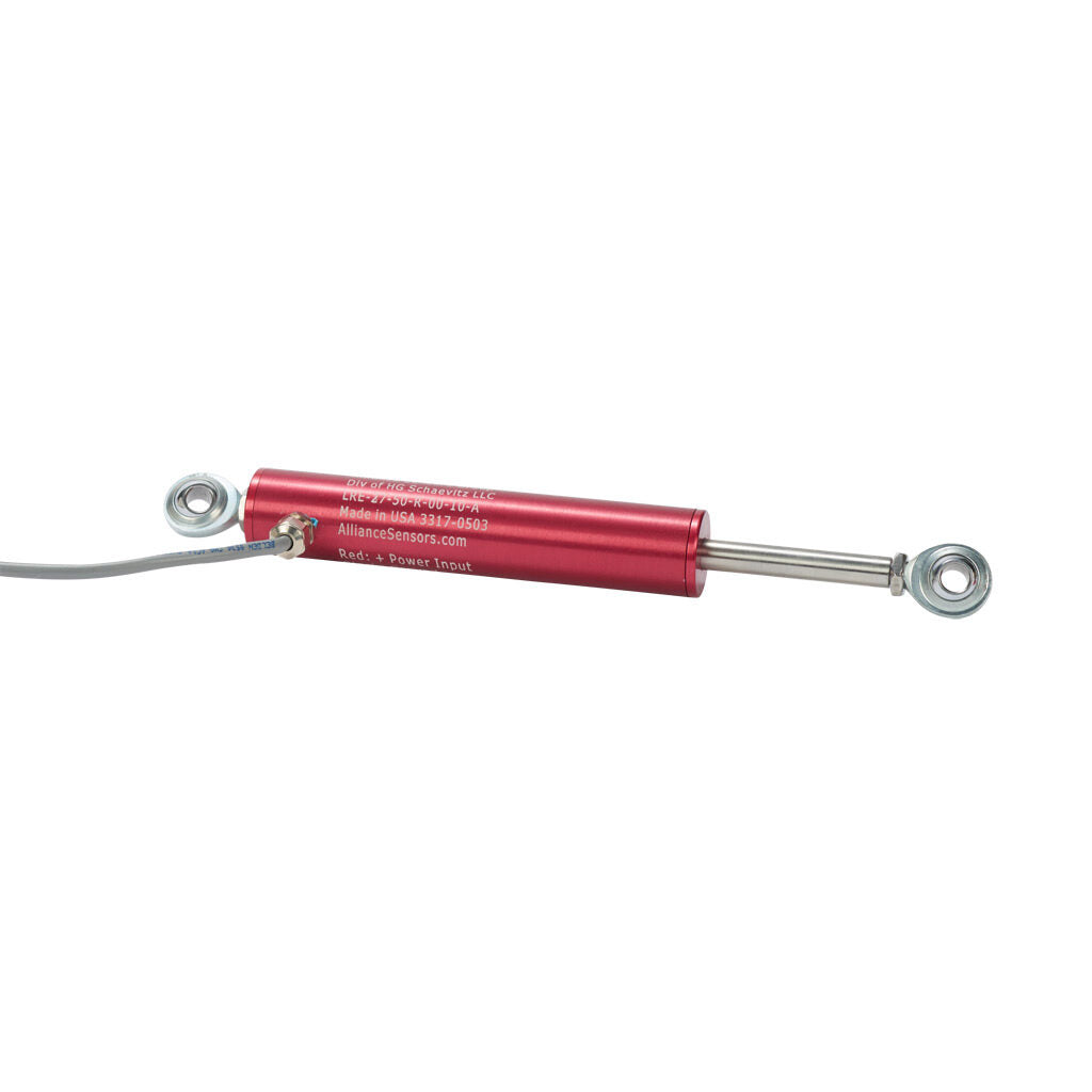 Alliance Sensors inductive linear position sensor, pivoting slide, 50mm stroke, 0-10 VDC output, 27mm diameter x 127.0mm body, rod eyes mount, pigtail, 3.2ft/1m cable length.-LRE27-050R-00-10A