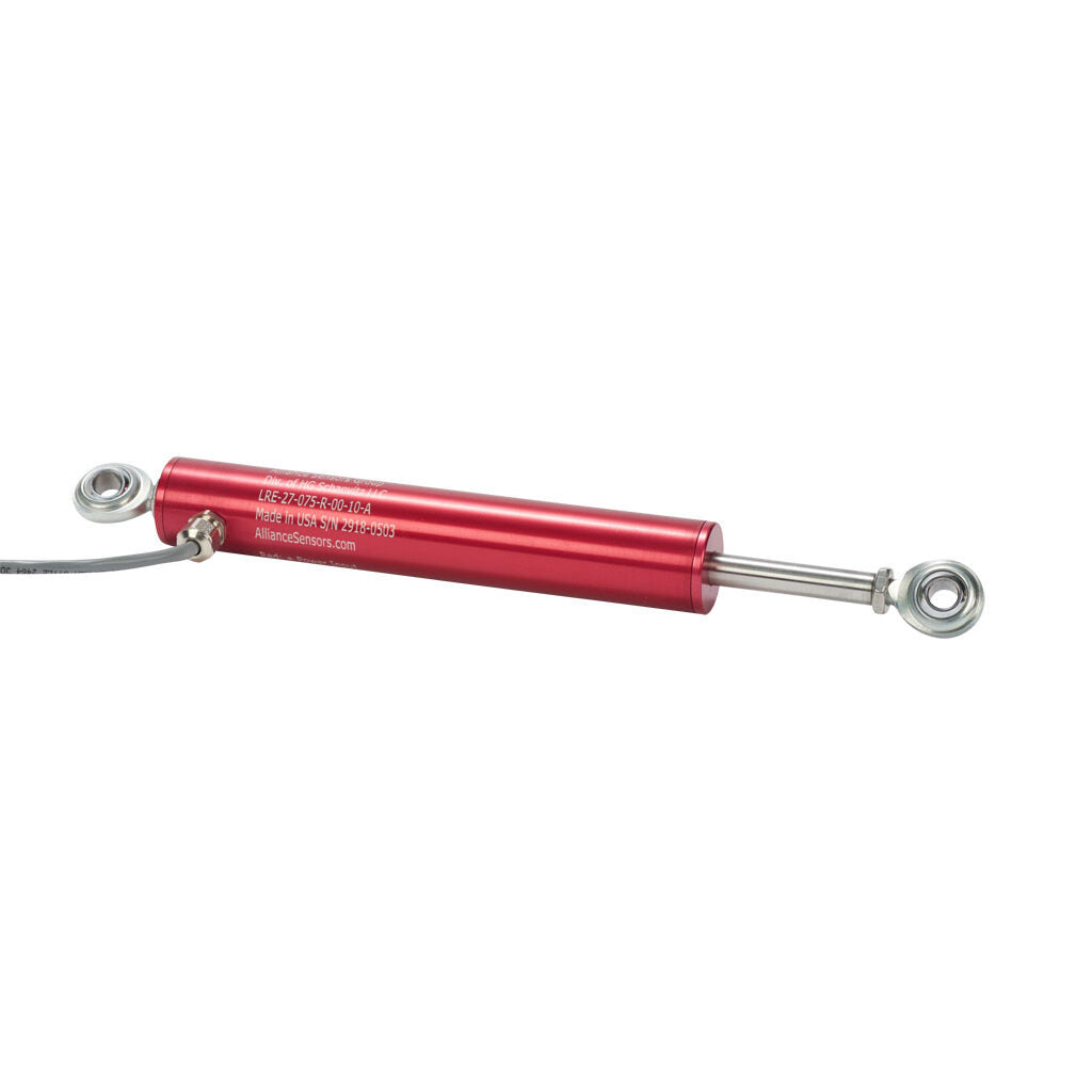 Alliance Sensors inductive linear position sensor, pivoting slide, 75mm stroke, 0-10 VDC output, 27mm diameter x 152.4mm body, rod eyes mount, pigtail, 3.2ft/1m cable length.-LRE27-075R-00-10A