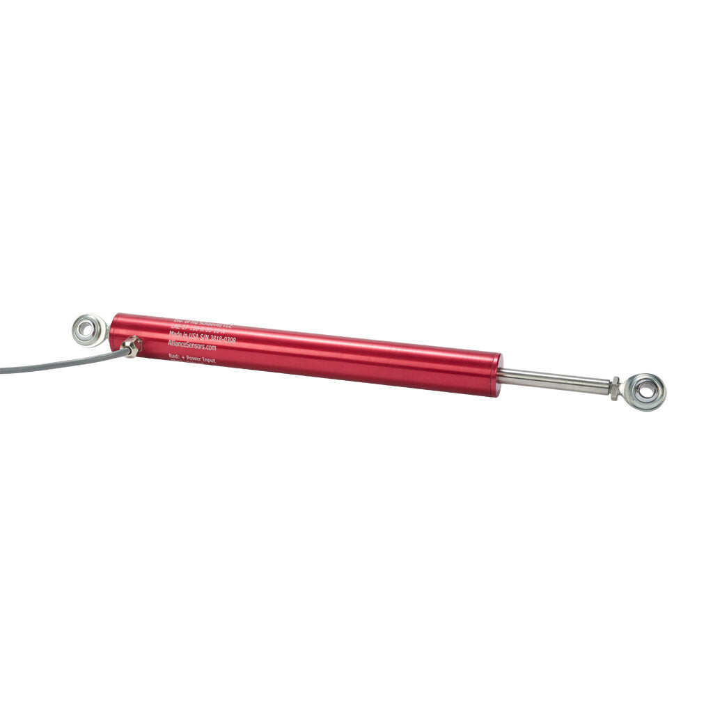 Alliance Sensors inductive linear position sensor, pivoting slide, 150mm stroke, 0-10 VDC output, 27mm diameter x 228.6mm body, rod eyes mount, pigtail, 3.2ft/1m cable length.-LRE27-150R-00-10A