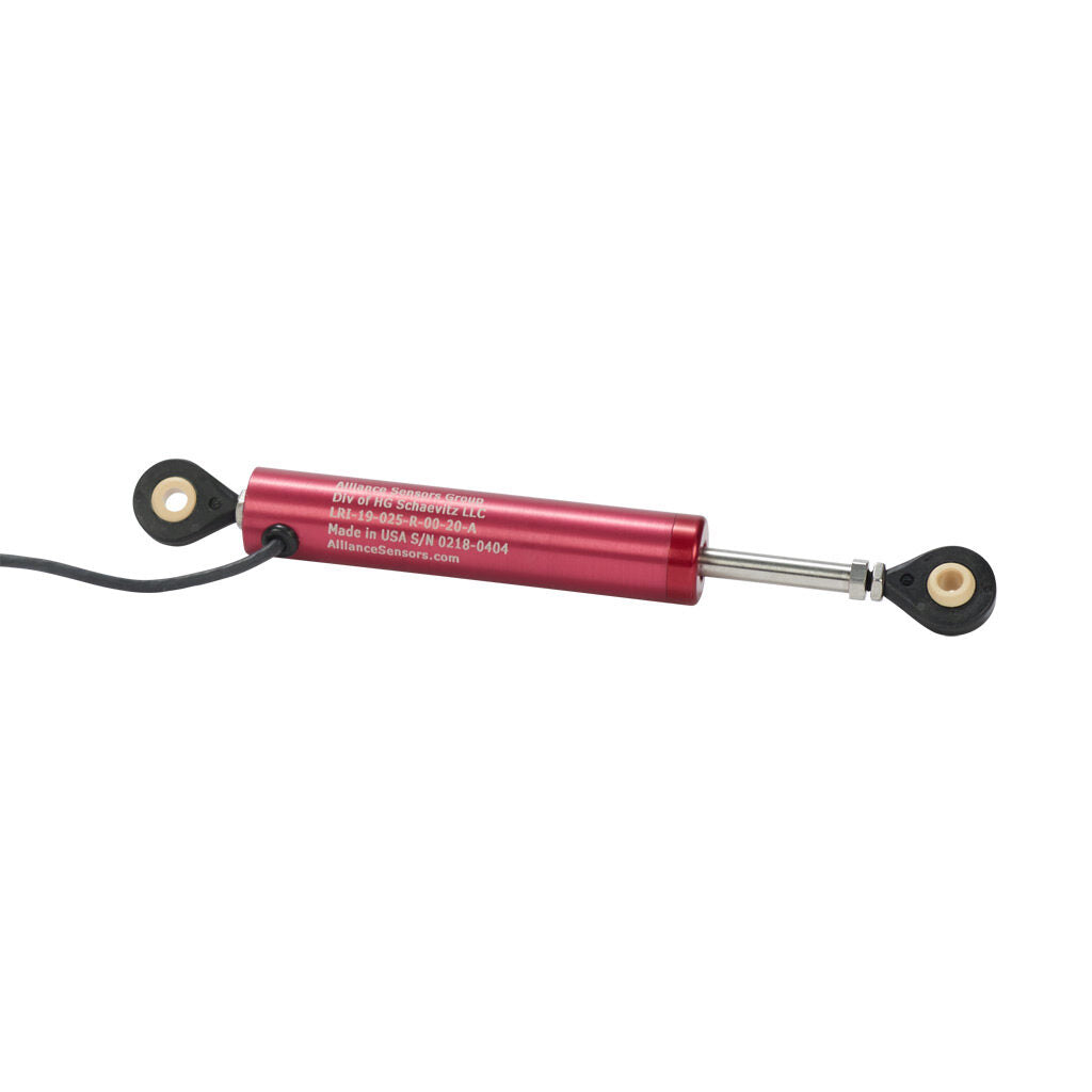Alliance Sensors inductive linear position sensor, pivoting slide, 25mm stroke, 4-20 mA output, 19mm diameter x 90.5mm body, rod eyes mount, pigtail, 3.2ft/1m cable length.-LRI19-025R-00-20A