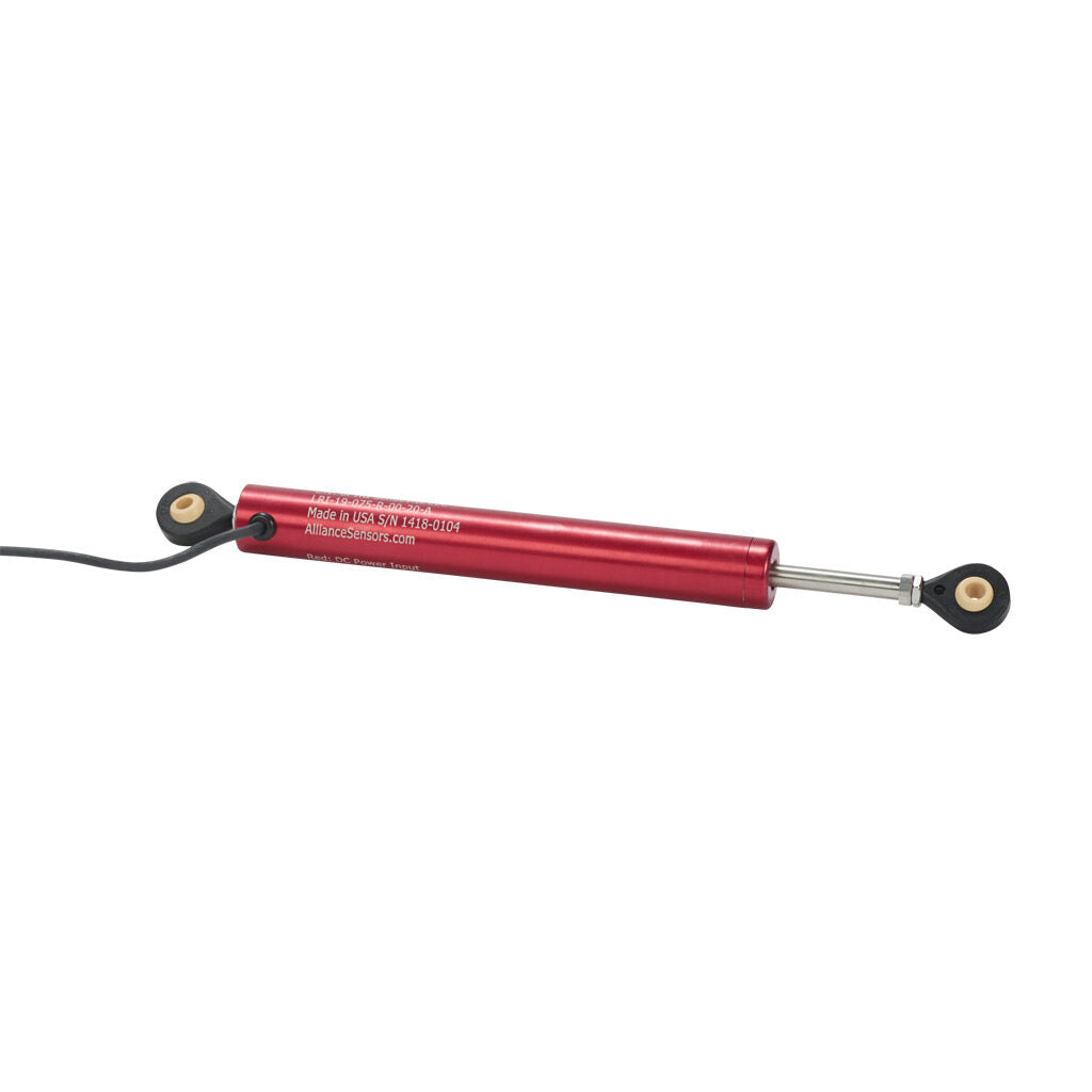 Alliance Sensors inductive linear position sensor, pivoting slide, 75mm stroke, 4-20 mA output, 19mm diameter x 145.8mm body, rod eyes mount, pigtail, 3.2ft/1m cable length.-LRI19-075R-00-20A