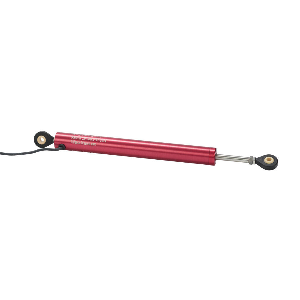 Alliance Sensors inductive linear position sensor, pivoting slide, 100mm stroke, 4-20 mA output, 19mm diameter x 171.2mm body, rod eyes mount, pigtail, 3.2ft/1m cable length.-LRI19-100R-00-20A