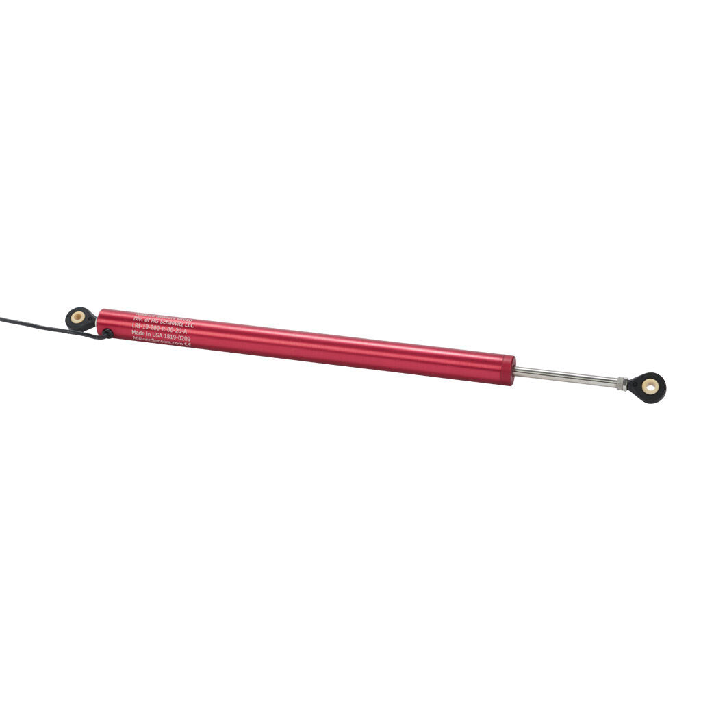 Alliance Sensors inductive linear position sensor, pivoting slide, 200mm stroke, 4-20 mA output, 19mm diameter x 272.8mm body, rod eyes mount, pigtail, 3.2ft/1m cable length.-LRI19-200R-00-20A